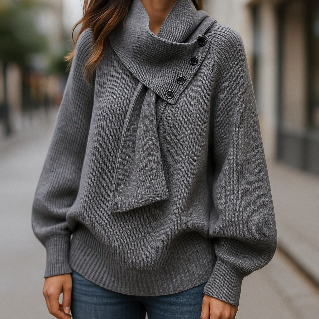 Christine Brewer Nina ribbed scarf neck sweater for women, shown on the street, featuring a cozy, fitted knit design