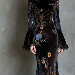 Velvet floral evening dress by Christine Brewer featuring elegant floral patterns and a sophisticated silhouette.