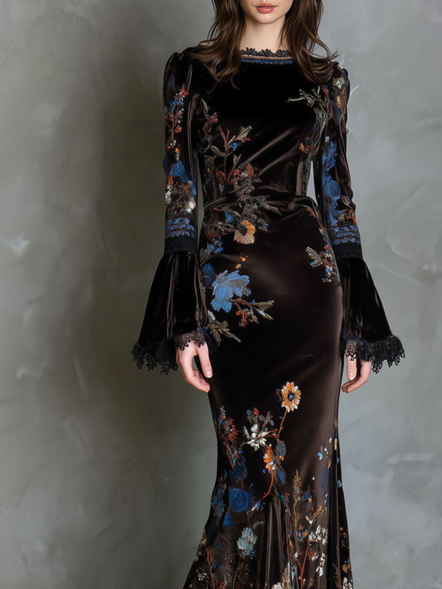 Velvet floral evening dress by Christine Brewer featuring elegant floral patterns and a sophisticated silhouette.