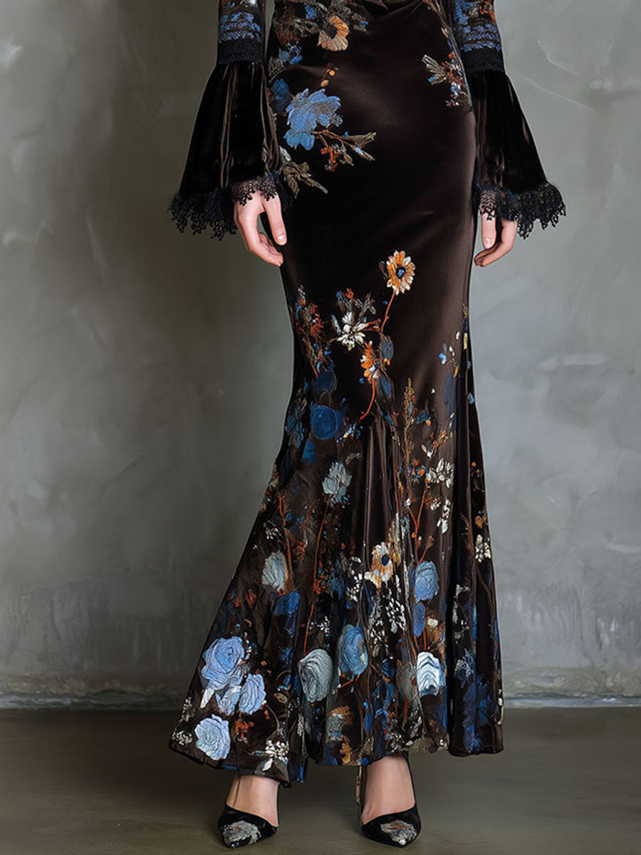 Velvet floral evening dress by Christine Brewer featuring elegant design, with intricate floral patterns and a sophisticated silhouette.