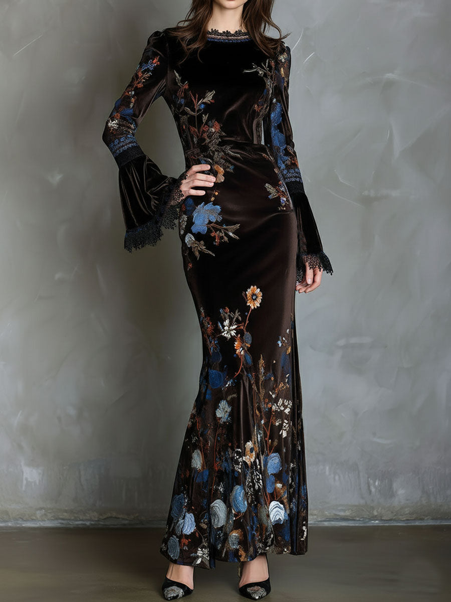 Velvet floral evening dress by Christine Brewer featuring a fitted silhouette and elegant floral pattern for special occasions.