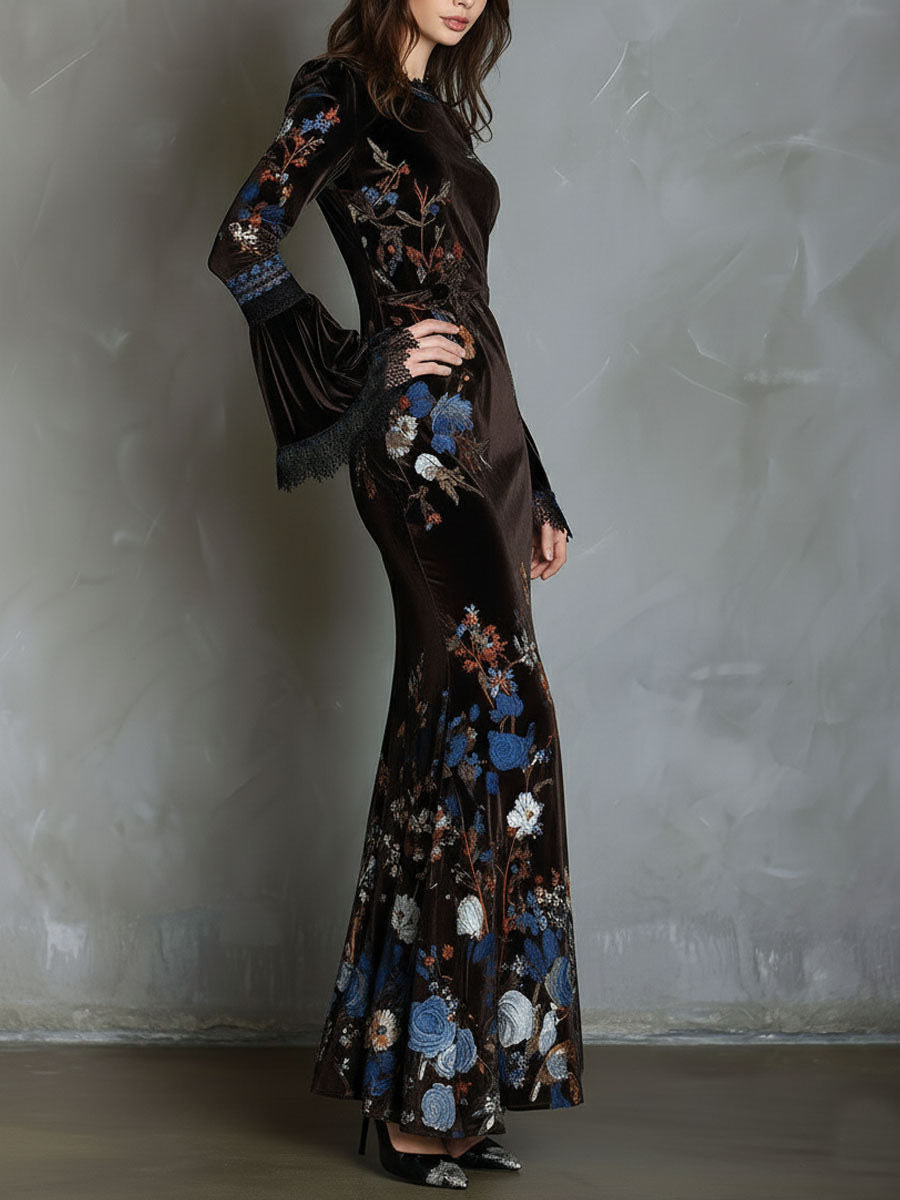 Velvet floral evening dress by Christine Brewer featuring elegant design with floral patterns and a flattering fit.