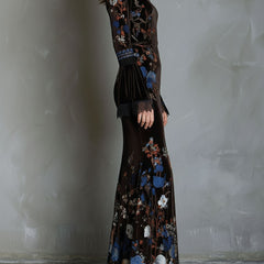 Velvet floral evening dress by Christine Brewer featuring a fitted silhouette, elegant floral pattern, and sophisticated design.
