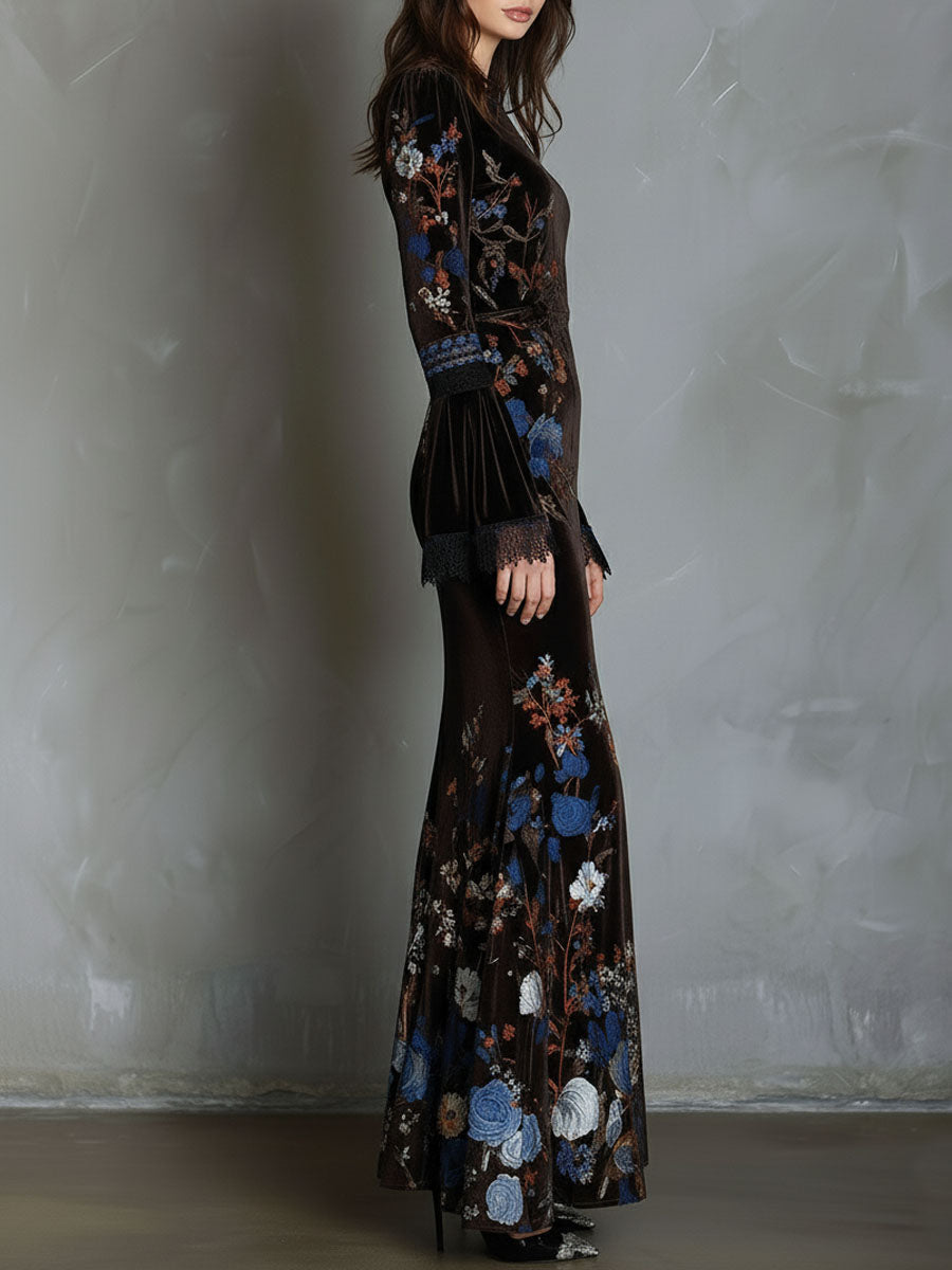 Velvet floral evening dress by Christine Brewer featuring a fitted silhouette, elegant floral pattern, and sophisticated design.