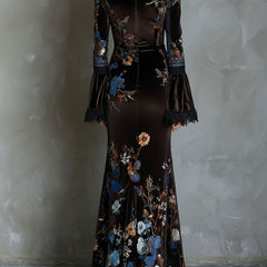 Velvet floral evening dress by Christine Brewer featuring elegant design and intricate floral patterns.