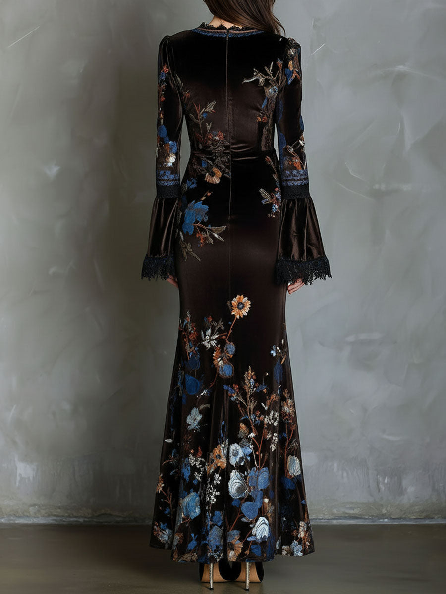 Velvet floral evening dress by Christine Brewer featuring elegant design and intricate floral patterns.