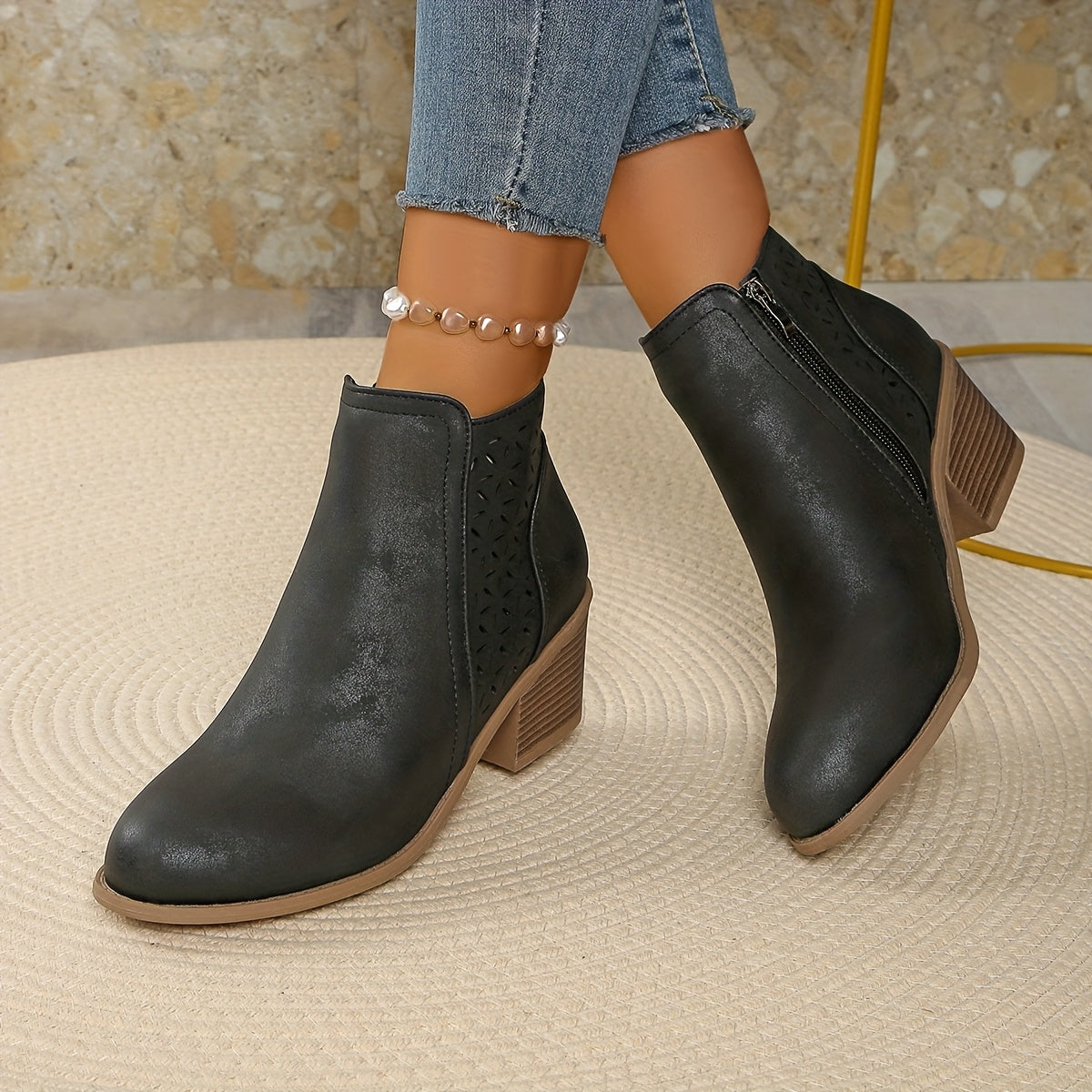 Talen | Ankle Boots Booties Women Winter Fall Laser Cut Cutout Breathable Wide Heel Heeled