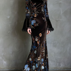 Velvet floral evening dress by Christine Brewer featuring elegant design and intricate floral patterns.