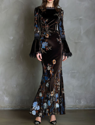 Velvet floral evening dress by Christine Brewer featuring elegant design and intricate floral patterns.