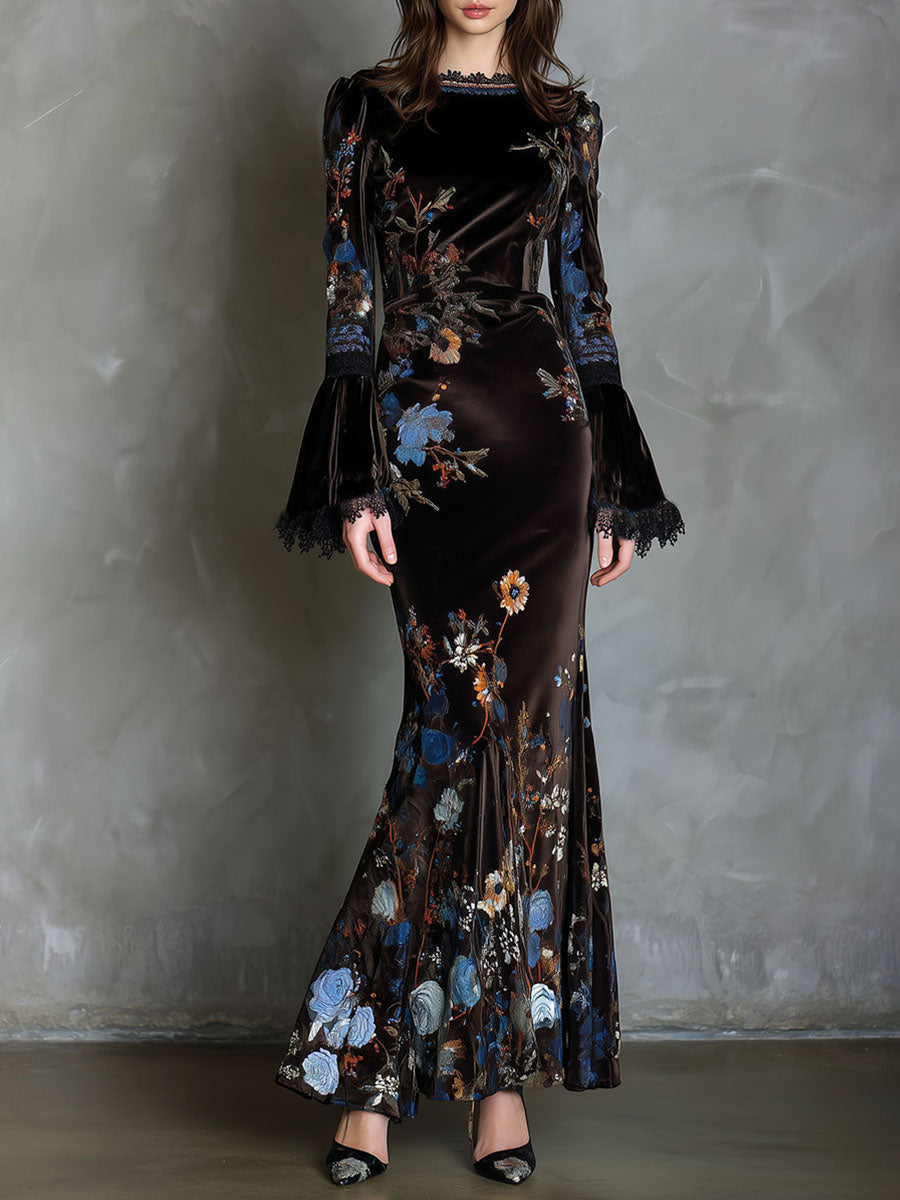 Velvet floral evening dress by Christine Brewer featuring elegant design and intricate floral patterns.