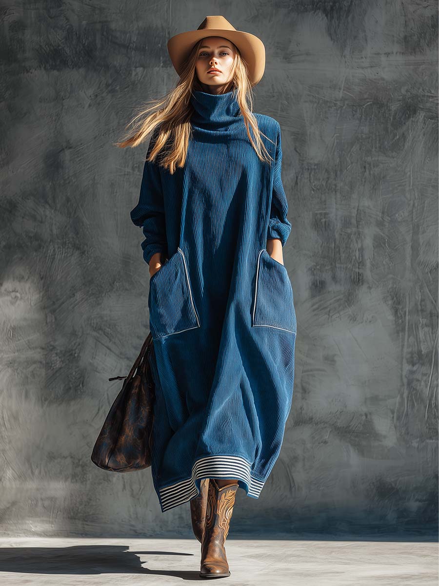 Blue corduroy midi dress by Christine Brewer, casual dress with a fitted bodice and flowing skirt, shown on a model.