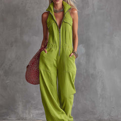 Bright green cotton linen women's jumpsuit with zip-front, stylish and comfortable, designed by Christine Brewer.