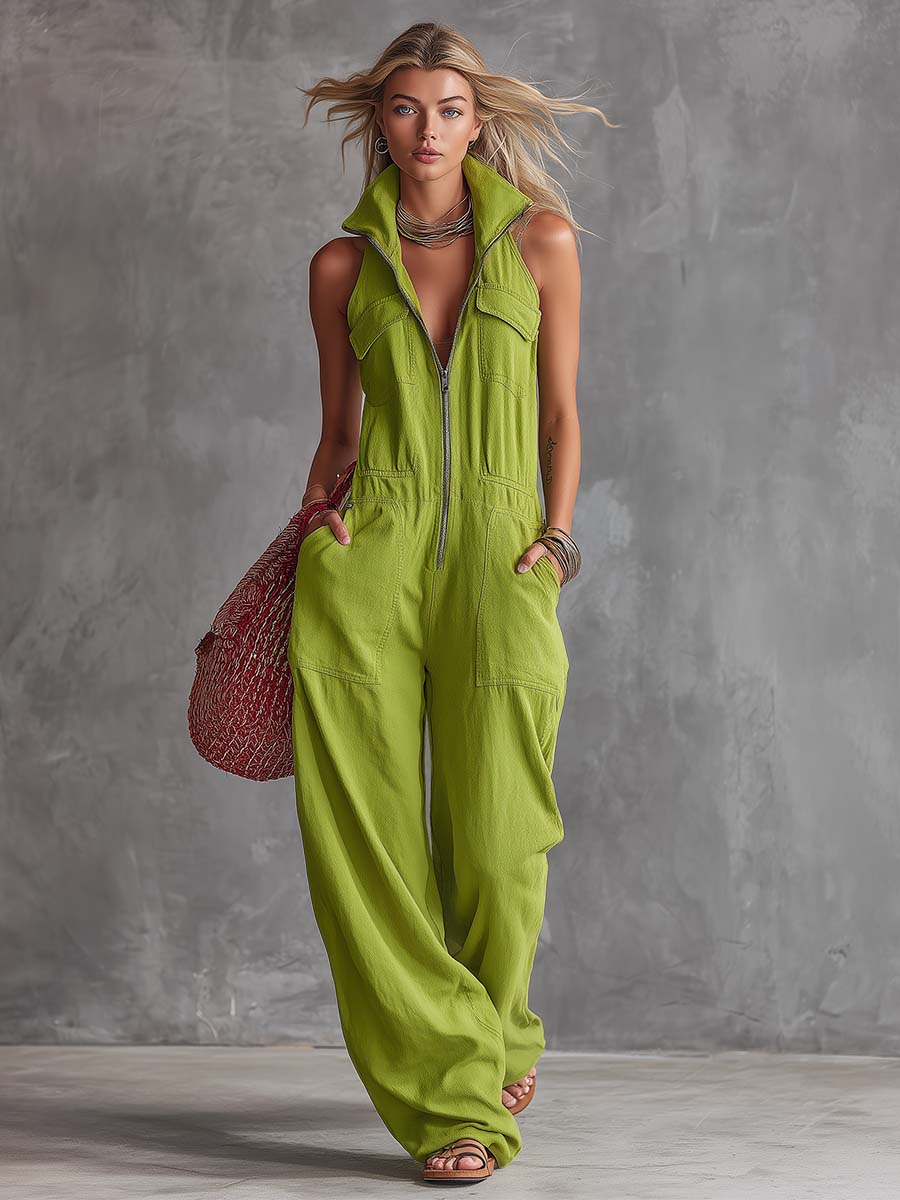 Bright green cotton linen women's jumpsuit with zip-front, stylish and comfortable, designed by Christine Brewer.