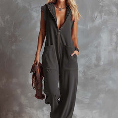 Raspberry red cotton hooded zip-front jumpsuit for women with pants style, featuring a relaxed fit and front zipper detail.