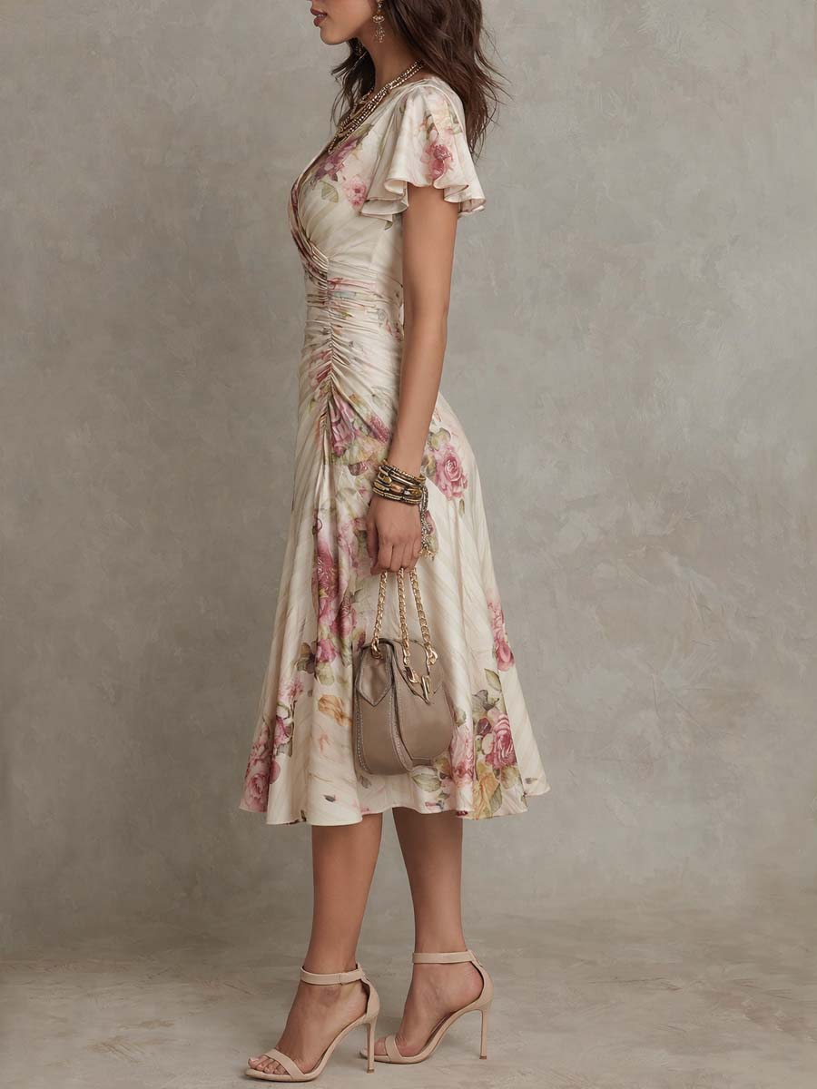 Christine Brewer chiffon floral midi dress, elegant evening dress with flowing fabric and vibrant floral pattern.