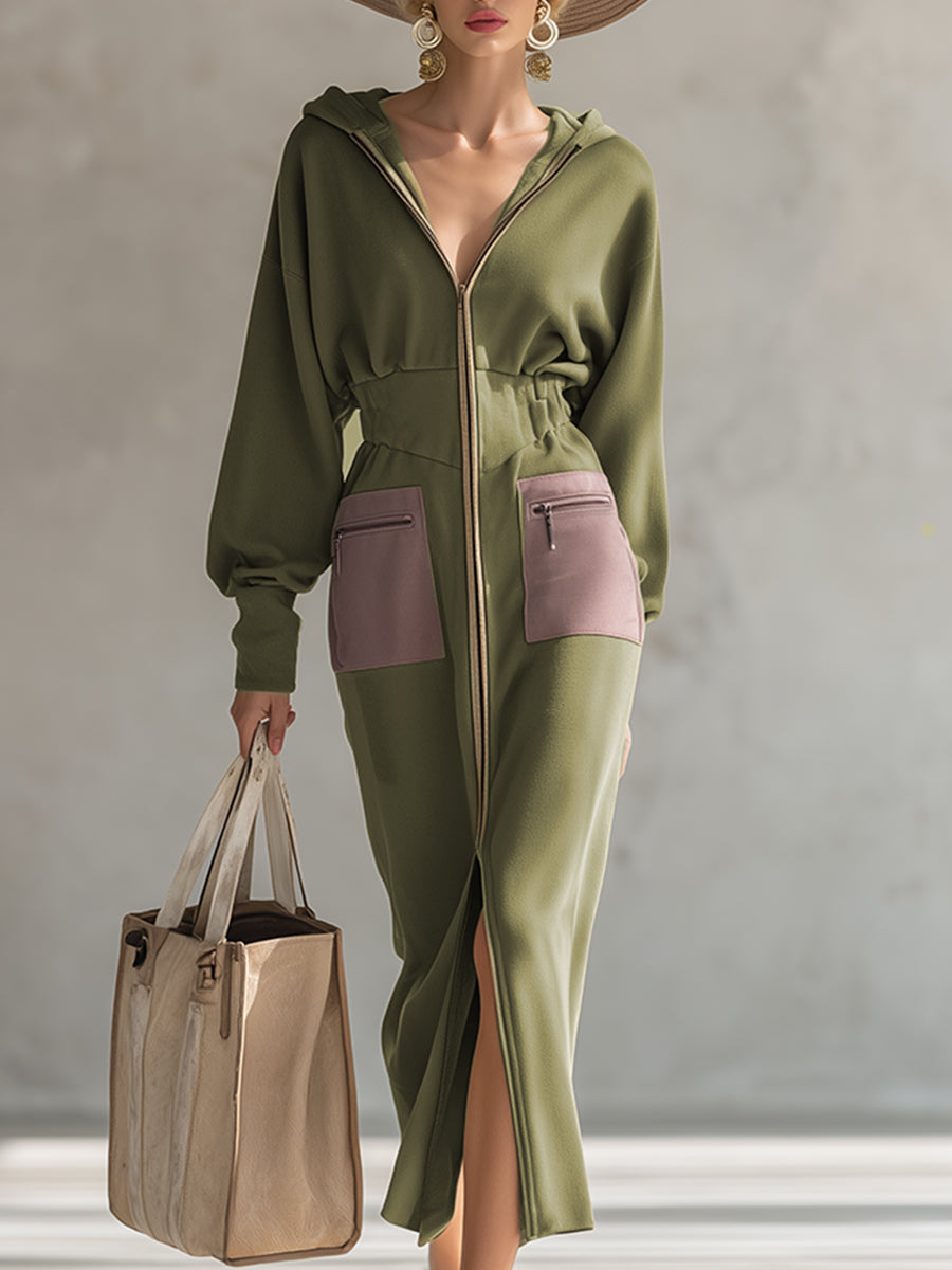 Green long sleeve maxi dress by Christine Brewer featuring a flowing evening dress style with elegant fabric and a fitted silhouette.