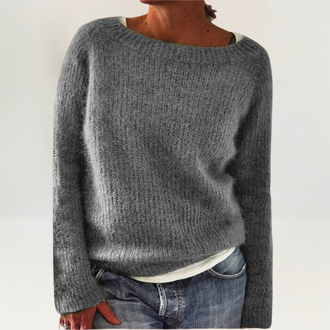 Talia knit sweater for women by Christine Brewer, featuring a cozy, stylish design with long sleeves and ribbed cuffs.