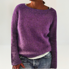 Women’s knit sweater by Christine Brewer, Talia, in soft fabric with a cozy fit, shown in a neutral color on a model.