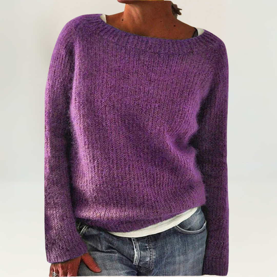 Women’s knit sweater by Christine Brewer, Talia, in soft fabric with a cozy fit, shown in a neutral color on a model.