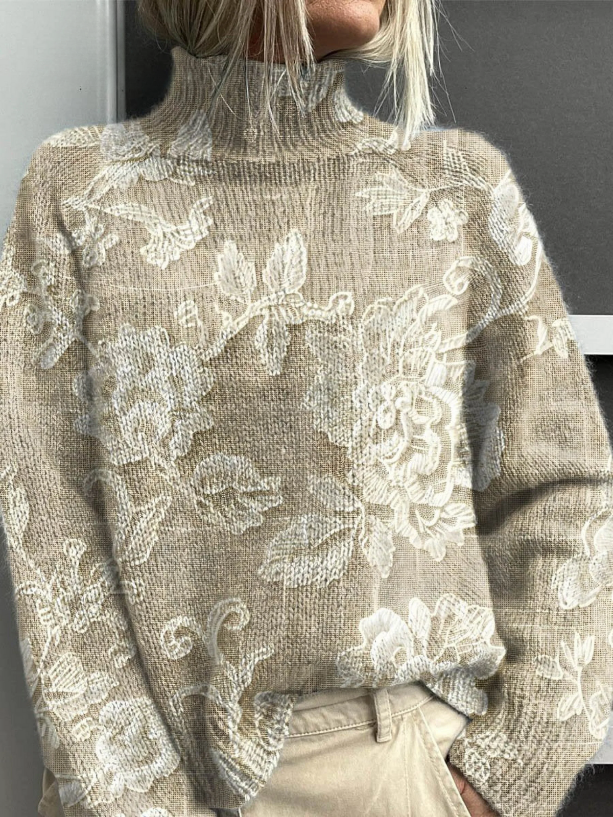Christine Brewer Gemma turtleneck floral sweater for women featuring a colorful floral pattern and cozy knit fabric.