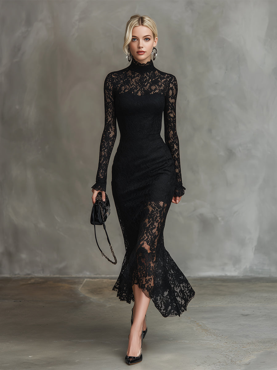 Black lace fishtail maxi dress by Christine Brewer featuring elegant evening dress design with intricate lace details.