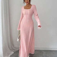 White Christine Brewer A-Line Bodycon ribbed knit maxi dress with split-joint square neckline, flowing and fitted silhouette.