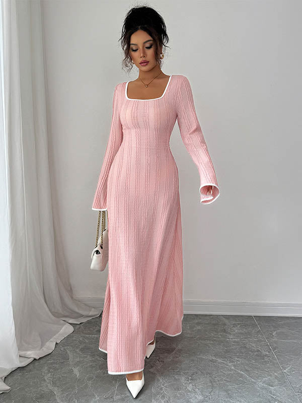 White Christine Brewer A-Line Bodycon ribbed knit maxi dress with split-joint square neckline, flowing and fitted silhouette.