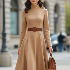 Elegant camel turtleneck belted midi dress by Christine Brewer, featuring a fitted silhouette and stylish design.