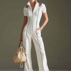 White cotton blend women's short sleeve wide-leg jumpsuit by Christine Brewer, shown with relaxed fit and stylish design.