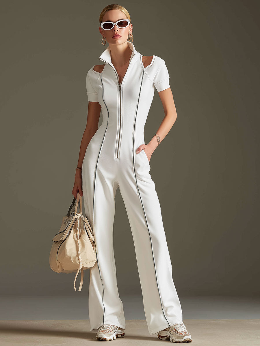White cotton blend women's short sleeve wide-leg jumpsuit by Christine Brewer, shown with relaxed fit and stylish design.