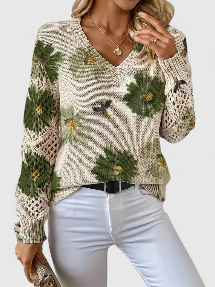 Christine Brewer Whitney floral V-neck cardigan for women, featuring a colorful floral pattern and lightweight knit fabric.