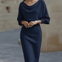 White batwing-sleeve waist-cinching dress for women by Christine Brewer, featuring a stylish fitted waist and flowing sleeves.
