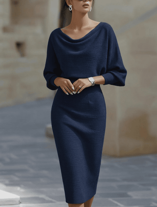 White batwing-sleeve waist-cinching dress for women by Christine Brewer, featuring a stylish fitted waist and flowing sleeves.