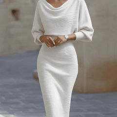 White batwing-sleeve waist-cinching dress for women by Christine Brewer, featuring a flattering fit and chic design.