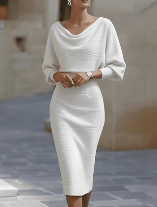 White batwing-sleeve waist-cinching dress for women by Christine Brewer, featuring a flattering fit and chic design.