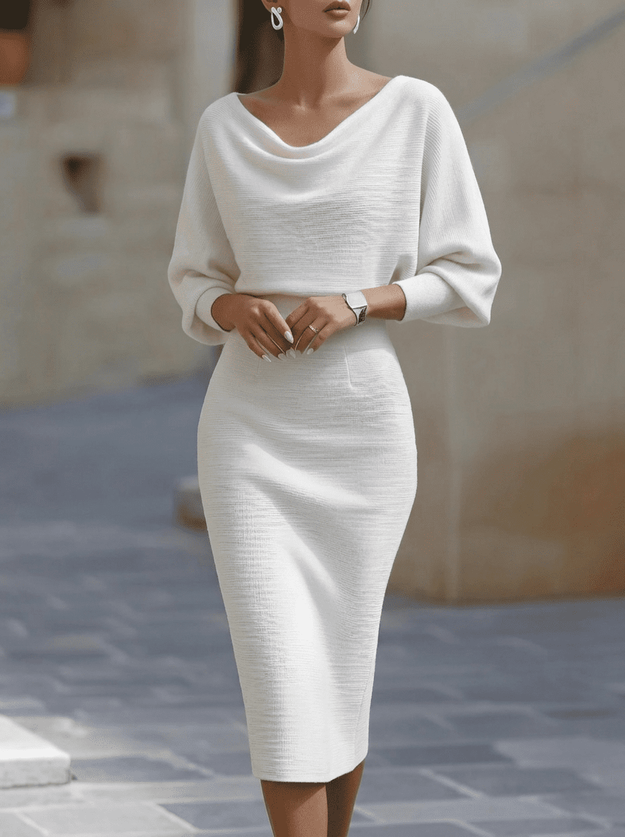 White batwing-sleeve waist-cinching dress for women by Christine Brewer, featuring a flattering fit and chic design.