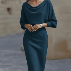 White batwing-sleeve waist-cinching dress for women by Christine Brewer, featuring a stylish and elegant design.