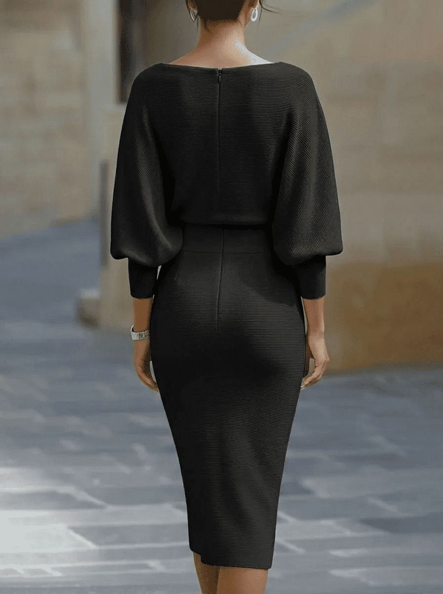 White batwing-sleeve waist-cinching dress for women by Christine Brewer, showcasing a stylish fit and elegant design.