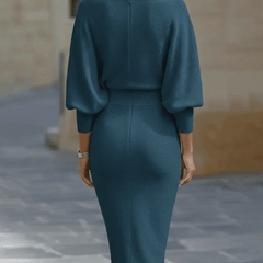 White batwing-sleeve waist-cinching dress for women by Christine Brewer, featuring a flowing silhouette and stylish design.