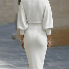 White batwing-sleeve waist-cinching dress for women by Christine Brewer, featuring a stylish fit and elegant design.