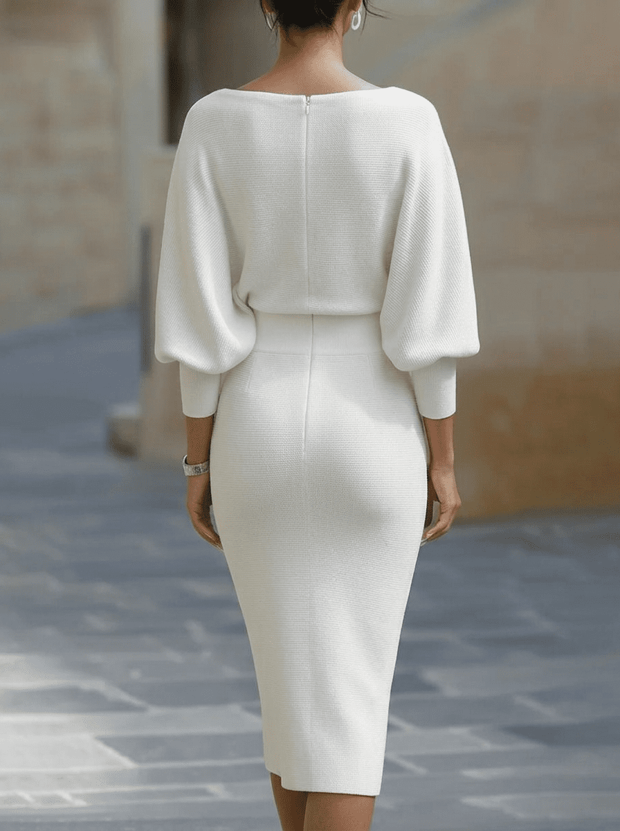 White batwing-sleeve waist-cinching dress for women by Christine Brewer, featuring a stylish fit and elegant design.