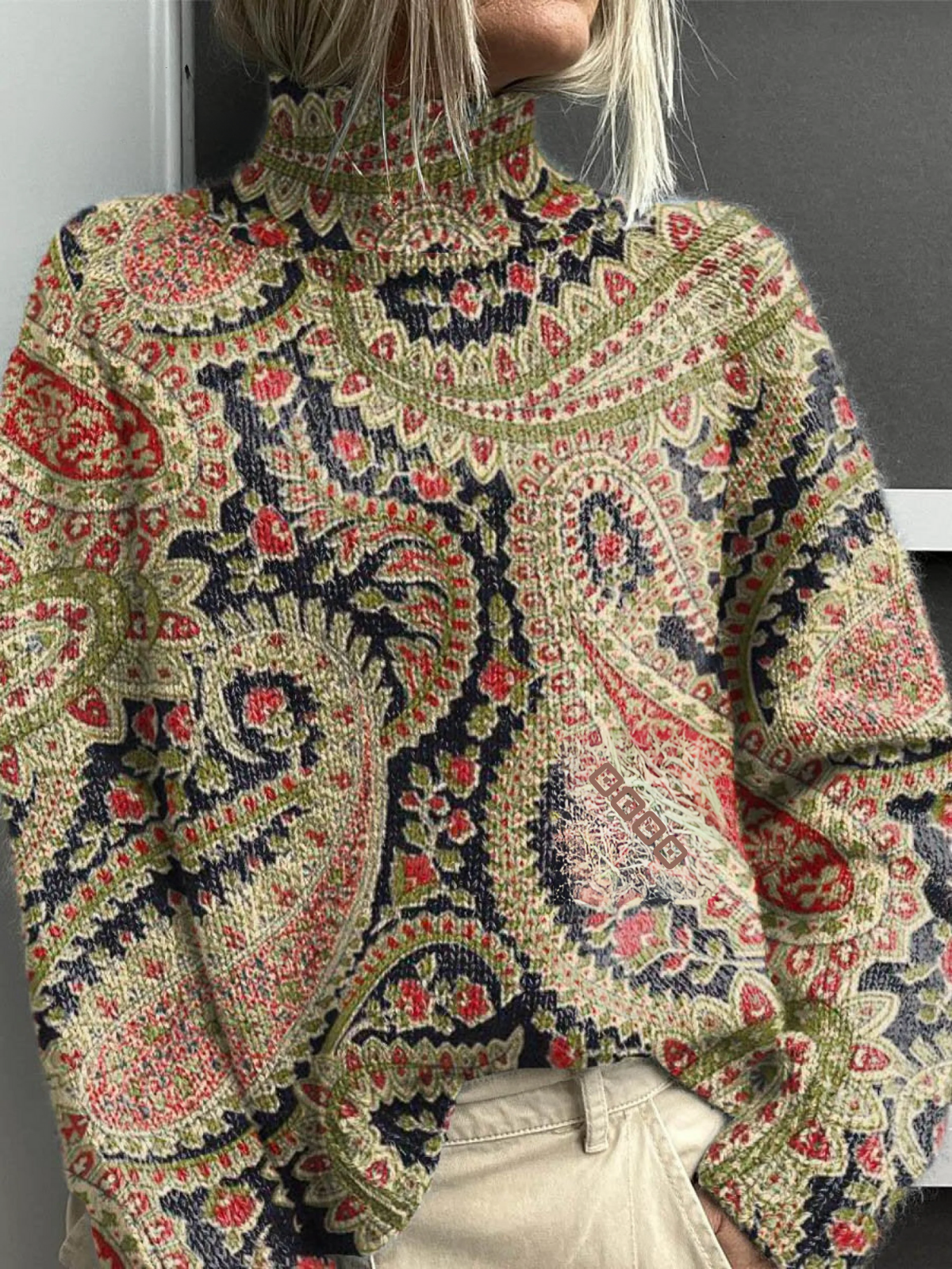 Christine Brewer Delaney women's turtleneck floral sweater featuring a colorful floral pattern and cozy knit fabric.