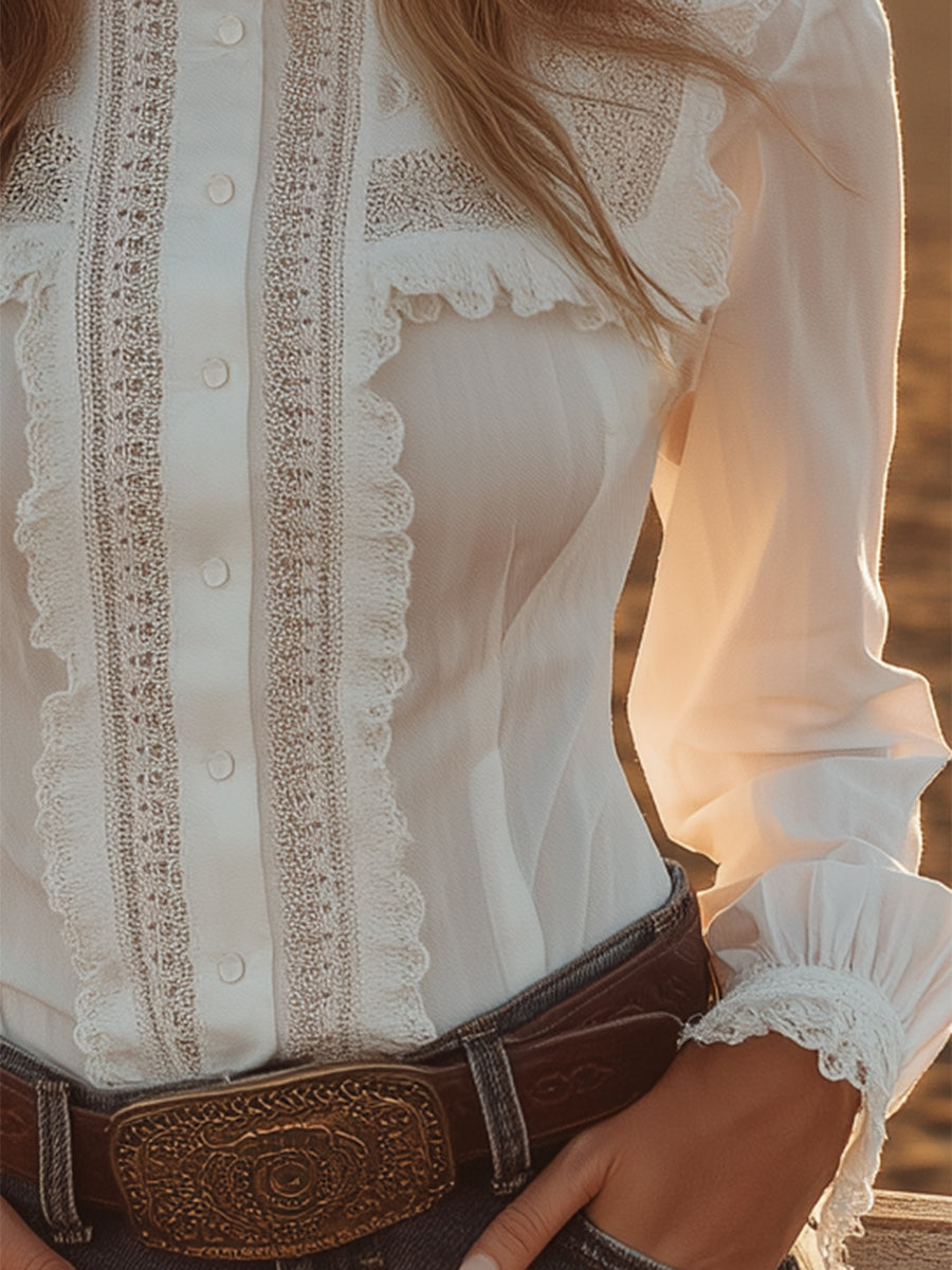 White lace Western button-down shirt for women by Christine Brewer, featuring intricate lace details and classic Western style.