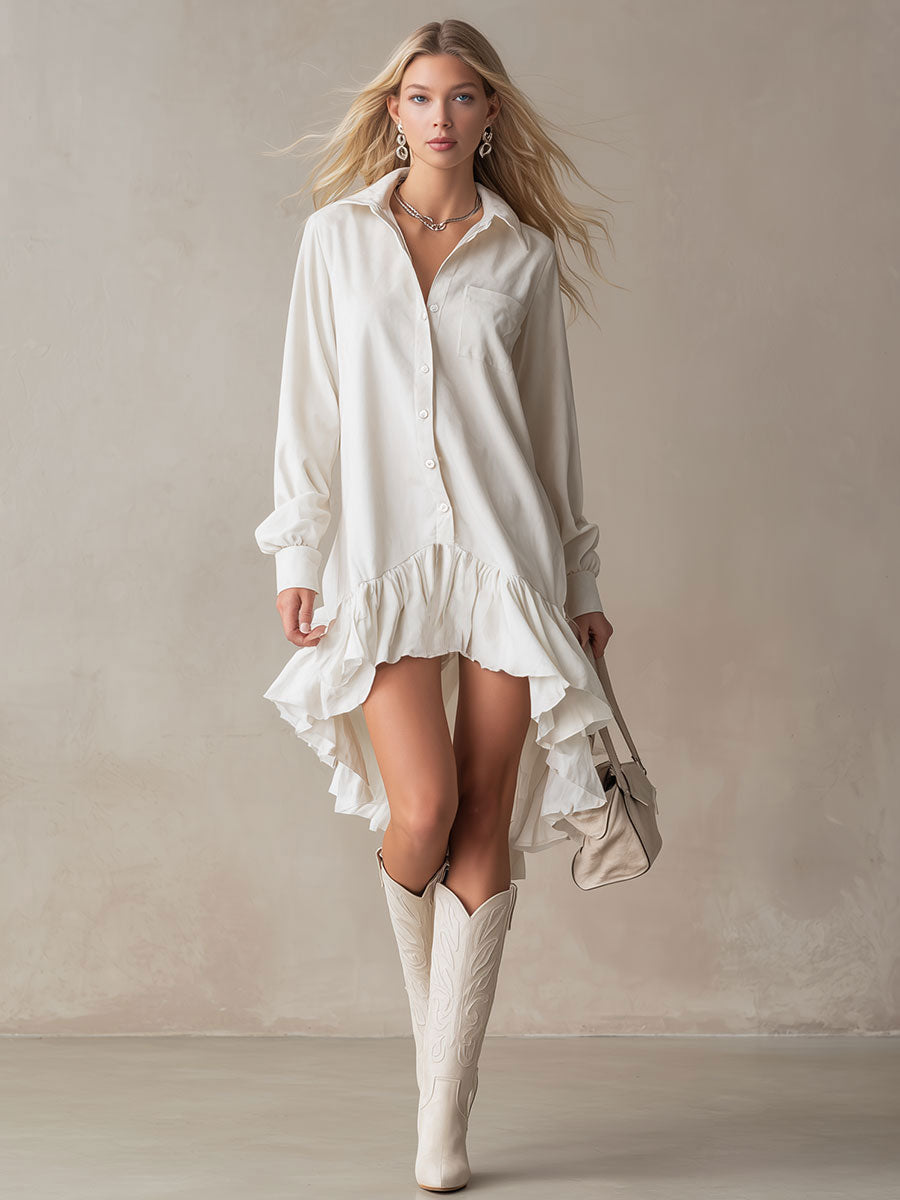 White denim ruffle midi dress by Christine Brewer showcasing a stylish evening dress with ruffle details and a midi length.