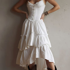 Retro Boho corset midi dress with tiered design and lace trim by Christine Brewer, featuring a vintage-inspired style and flowing silhouette.