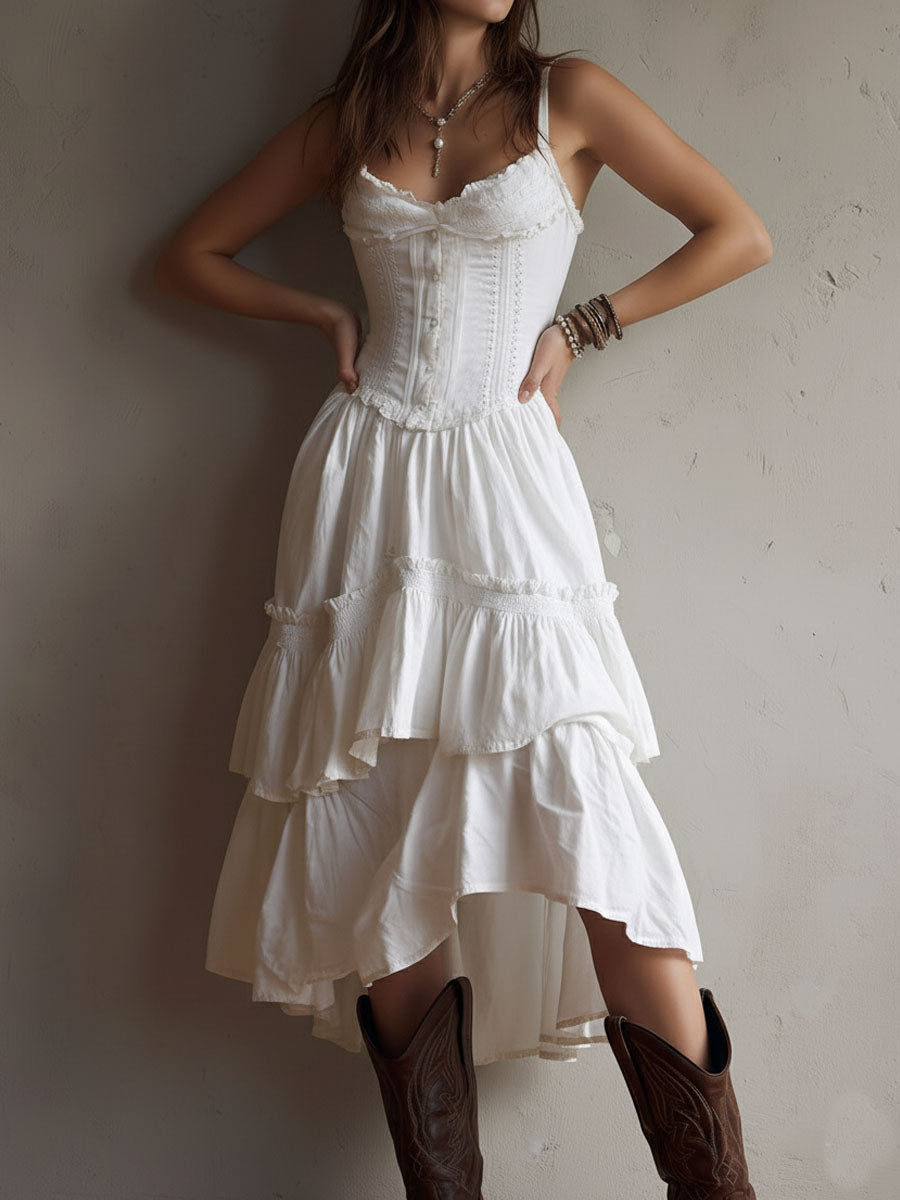 Retro Boho corset midi dress with tiered design and lace trim by Christine Brewer, featuring a vintage-inspired style and flowing silhouette.