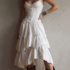 Christine Brewer retro boho corset tiered midi dress with lace trim, featuring a flowing silhouette and vintage-inspired style.