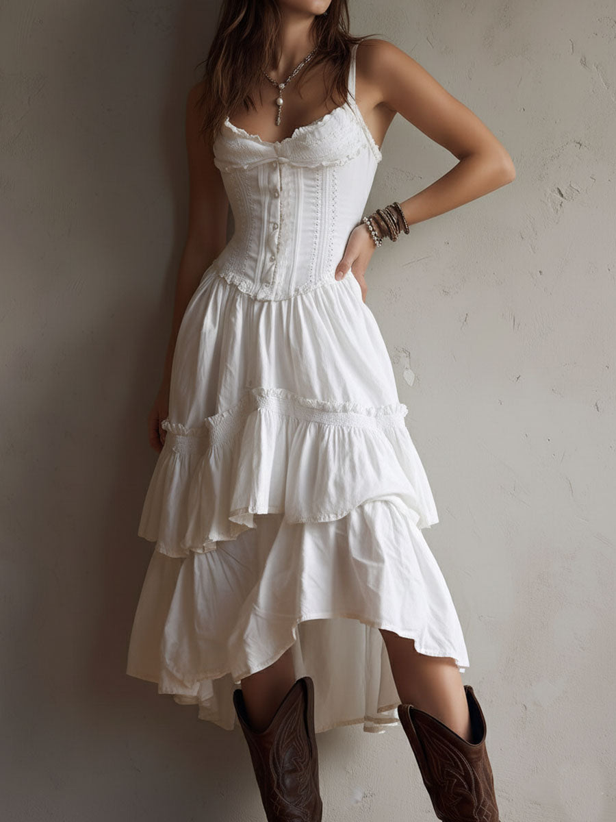 Christine Brewer retro boho corset tiered midi dress with lace trim, featuring a flowing silhouette and vintage-inspired style.