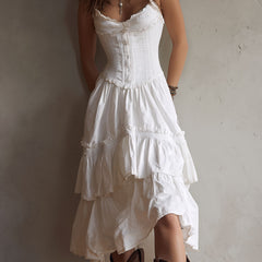 Christine Brewer retro boho corset tiered midi dress with lace trim, featuring a vintage-inspired silhouette and flowing layered design.