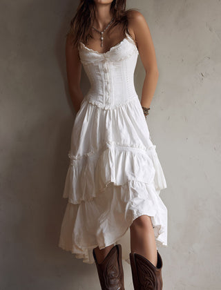 Christine Brewer retro boho corset tiered midi dress with lace trim, featuring a vintage-inspired silhouette and flowing layered design.